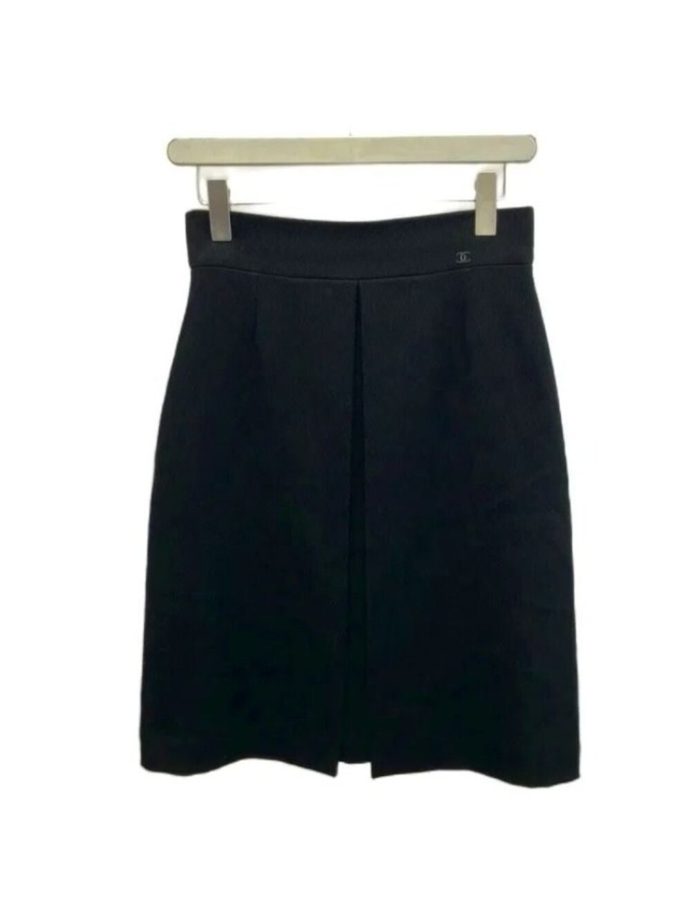 Chanel Skirt Silk Black Knee-length Semi Flared CC Logo 38